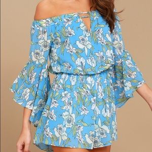 LULU’S Blue Floral OffShoulder Bell Sleeves Romper